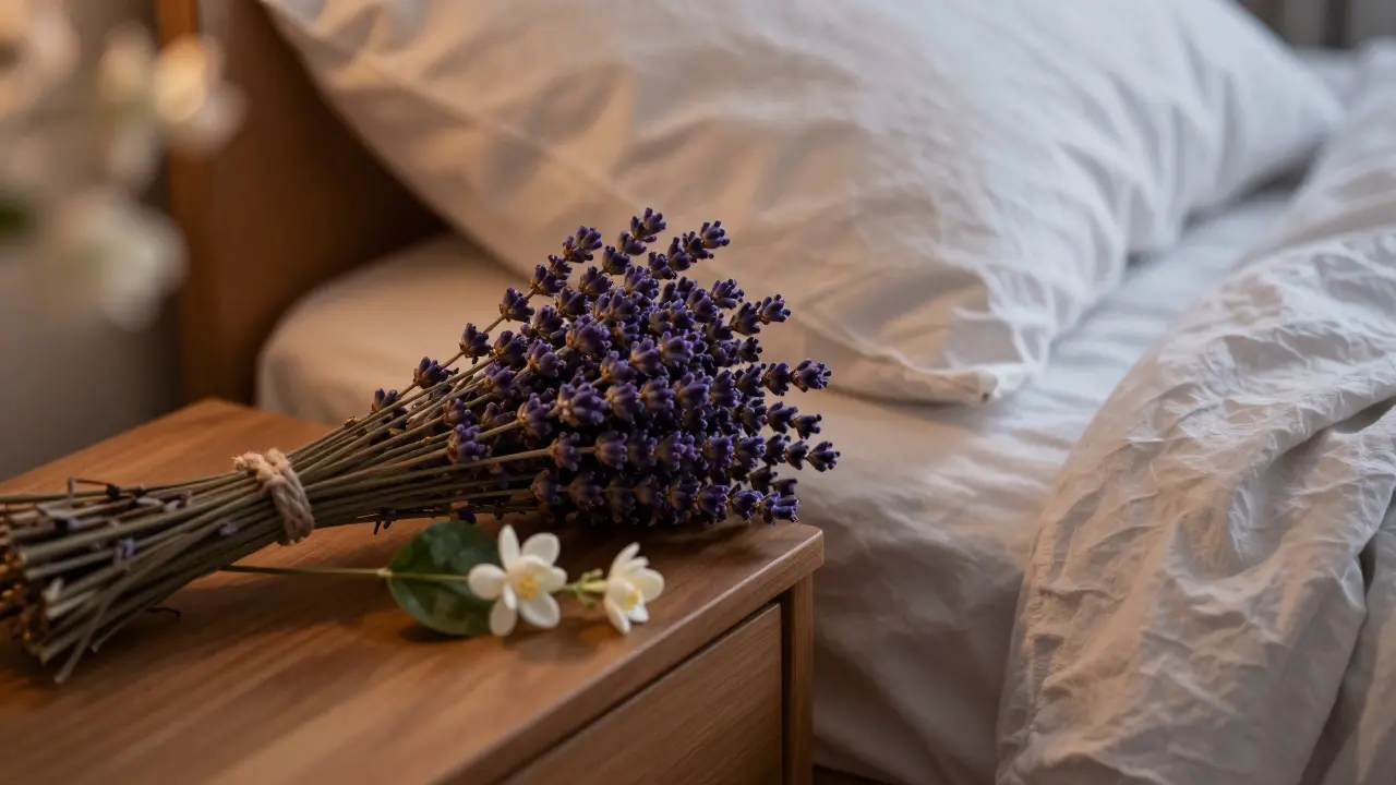 Svázek levandule a jasmín u polštáře pro relaxaci