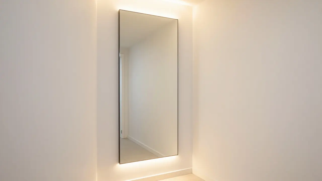 Světlá předsíň s velkým zrcadlem a teplým LED osvětlením pod policemi.