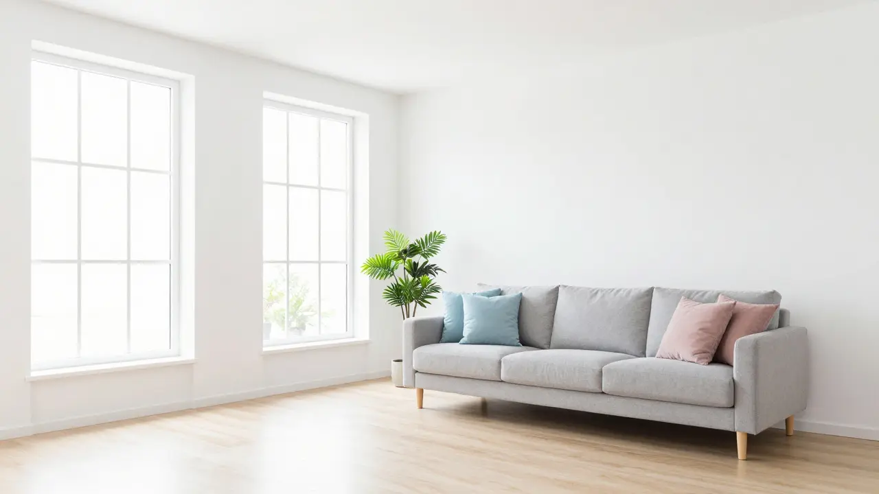 Světlý obývací pokoj ve skandinávském stylu s bílými stěnami.