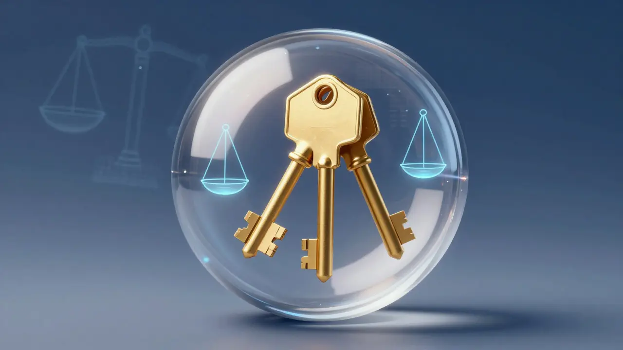 Zlaté klíče v bezpečné sféře symbolizující ochrannou úschovu peněz