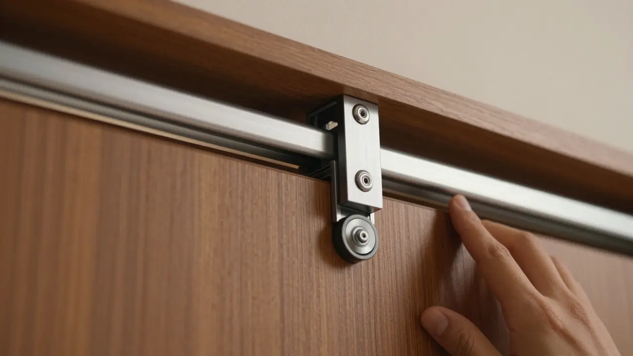 Close-up of premium sliding door rail and wheel mechanism in action