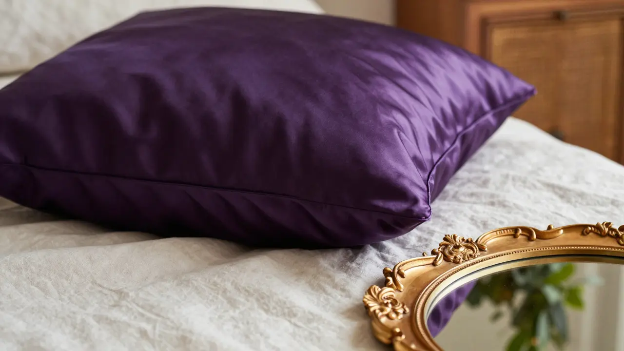 Detail purpurového polštáře, zlatého rámu a zelené rostliny