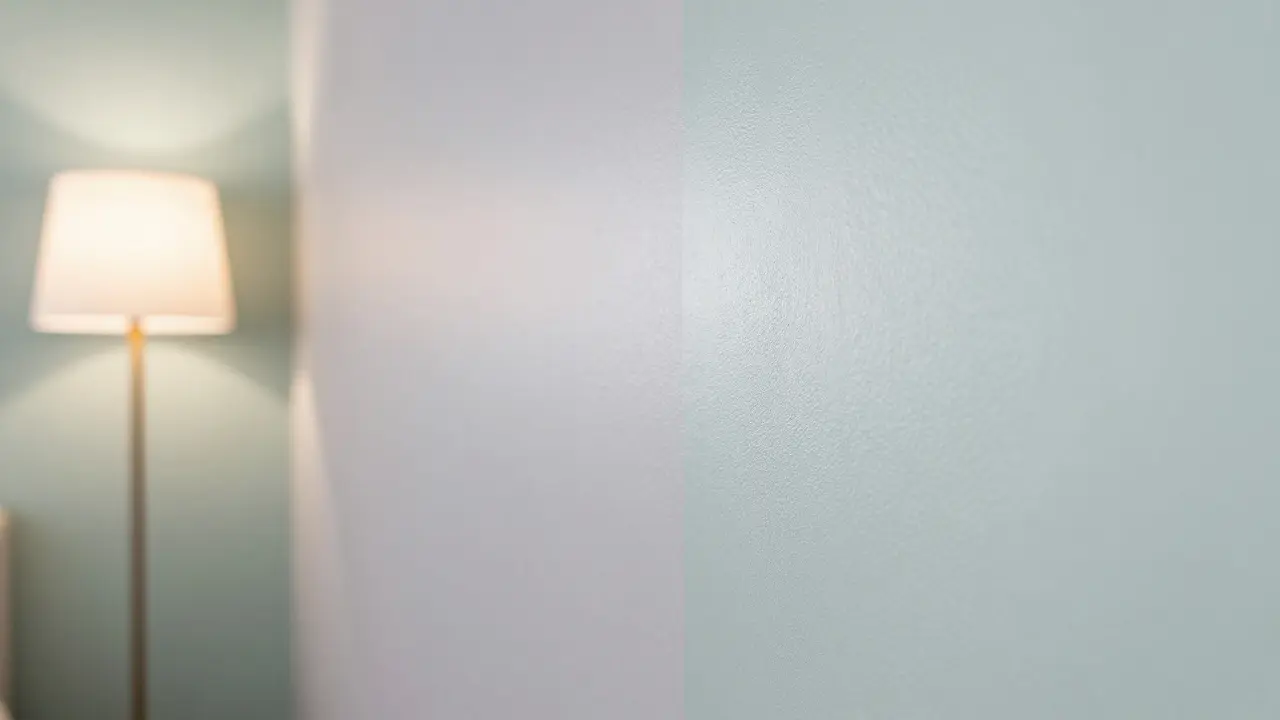 Detail světlých stěn s jemnou texturou a měkkým osvětlením v malé místnosti.