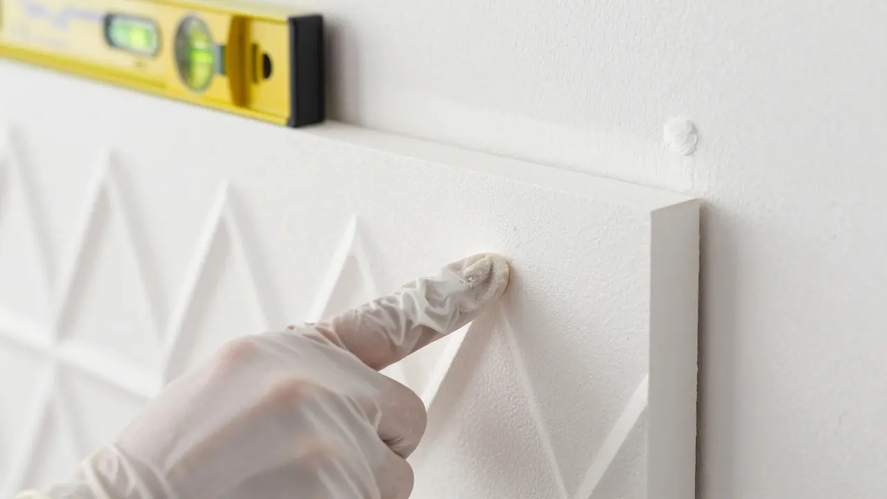 Detailní záběr montáže 3D stropních panelů lepidlem