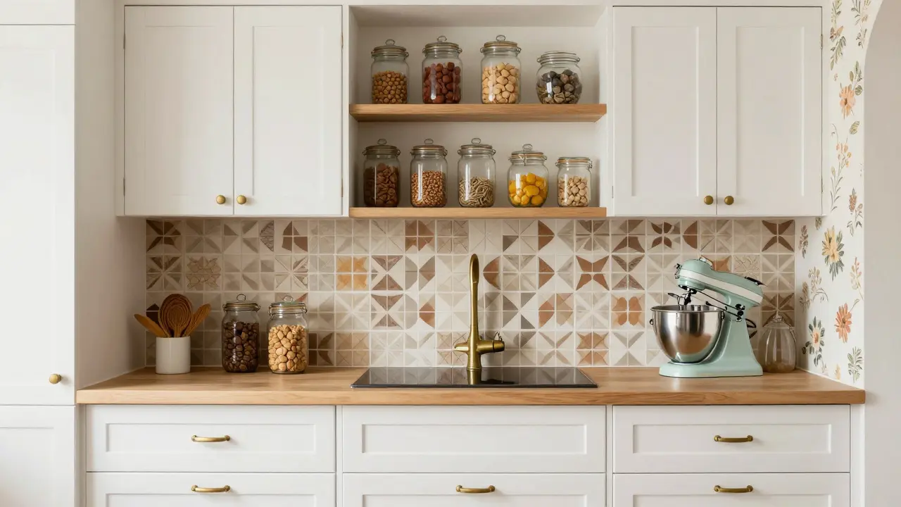 Kuchyň s bílými skříněmi, mosaznými úchytkami a geometrickou dlažbou