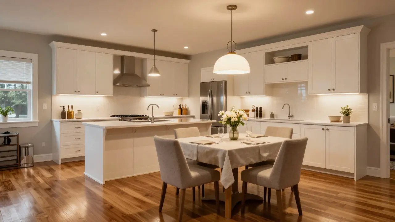 Moderní kuchyně po renovaci s teplým osvětlením a elegantním stolováním