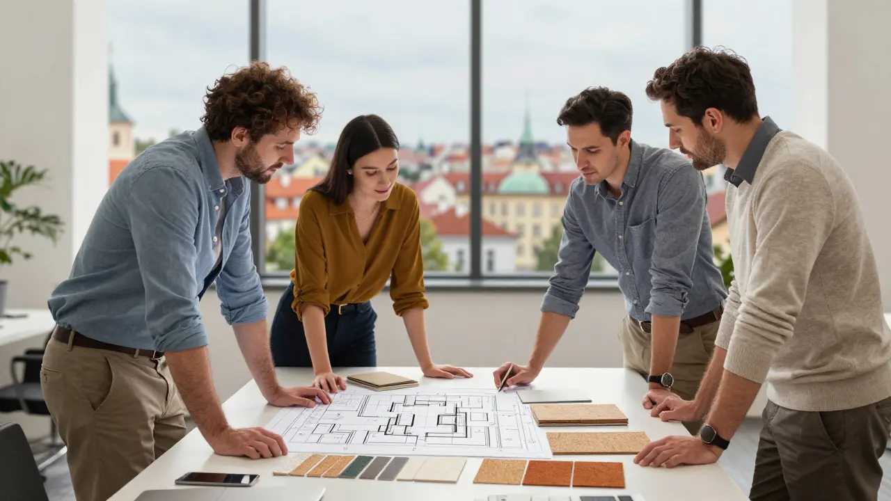 Architekti plánují interiér na schůzce v kanceláři