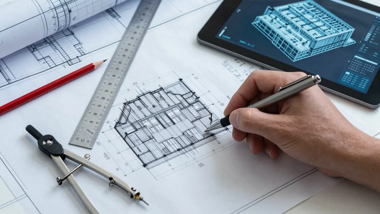 Detailní stavební výkresy a nástroje na stole projektanta