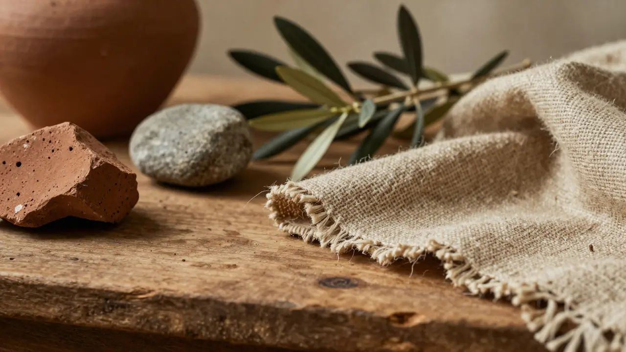 Detailní záběr na přírodní materiály jako dřevo, keramiku a lnu