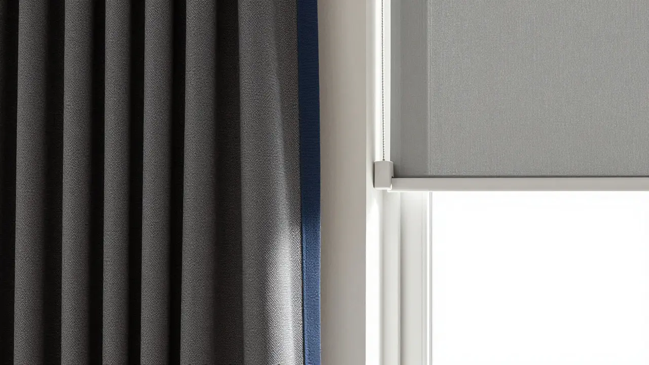 Detailní záběr na texturu blackoutových závěsů a rolety s bočními lištami