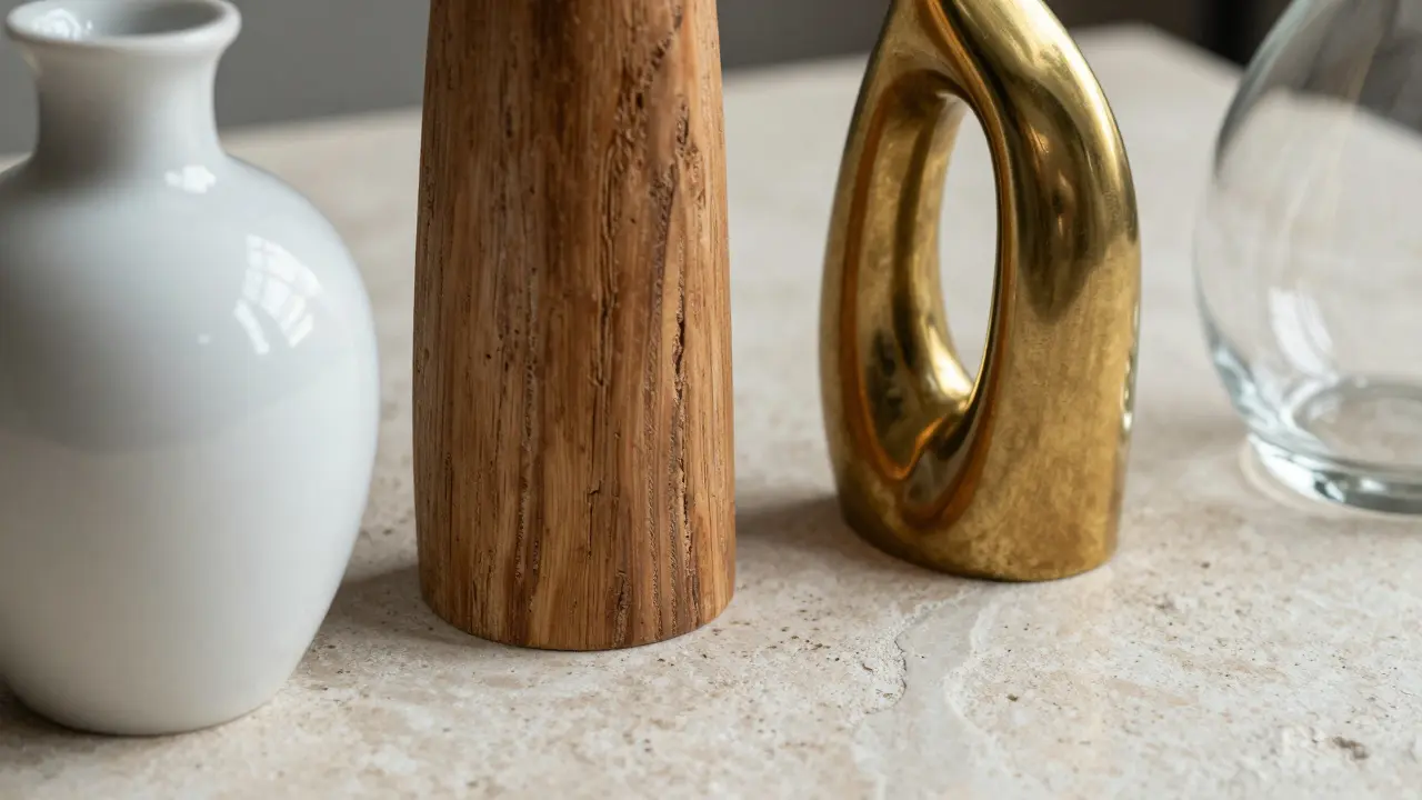 Detailní záběr různých materiálů soch: keramika, dřevo, kov, sklo