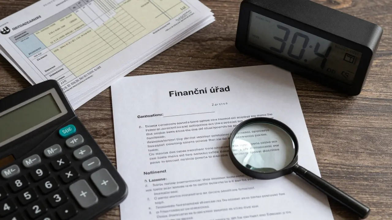 Stolní scéna s fakturami, kalkulačkou a výzvou od finančního úřadu