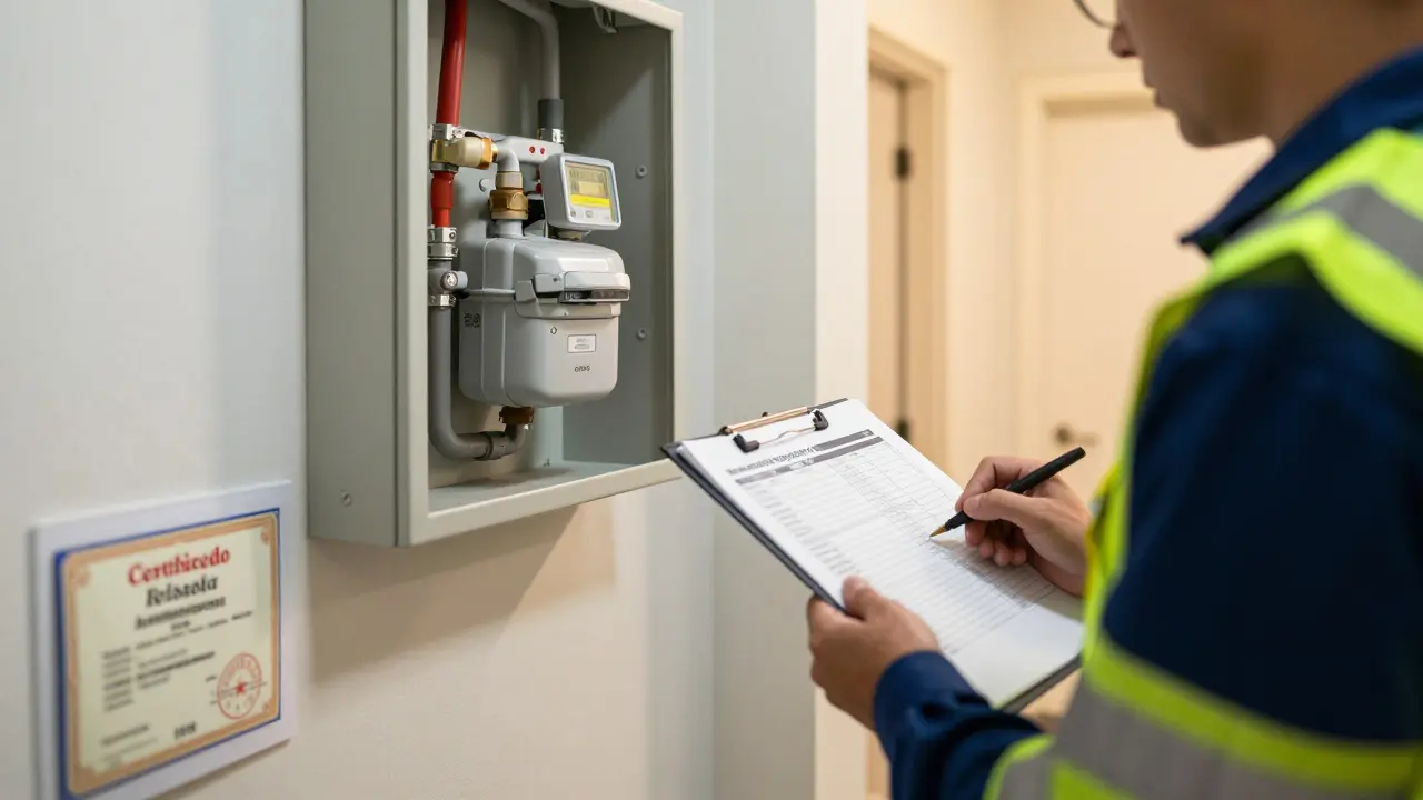 Technik kontroluje plynový a elektrický systém v bytě pro bezpečnostní revizi