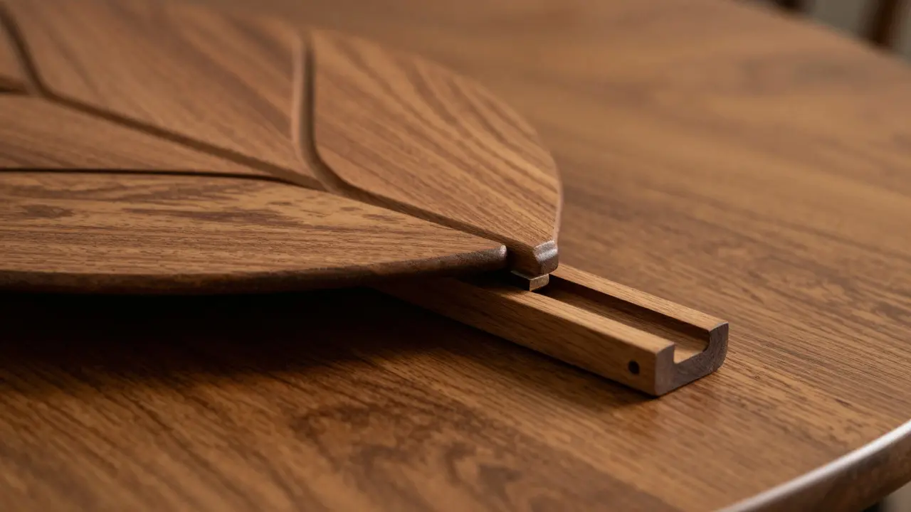 Detail mechanismu rozkládacího dřevěného stolu
