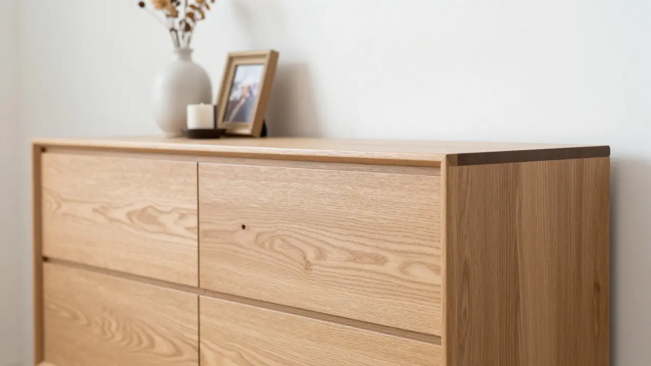 Elegantní komoda z masivního dřeva s dekoracemi na horní desce