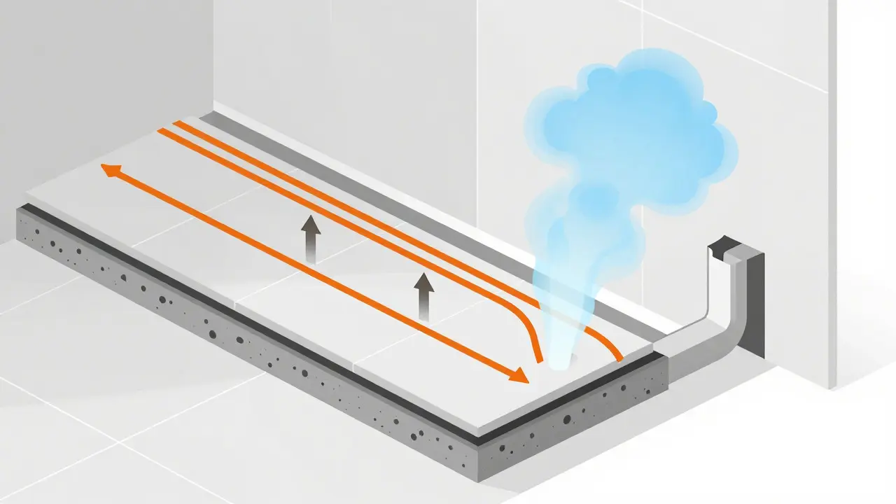 Schéma podlahového topení a ventilace v koupelně