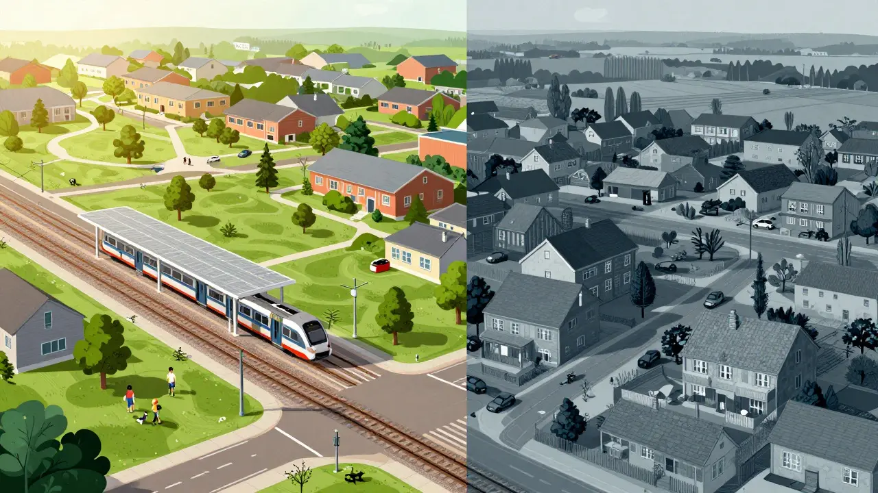Srovnání dobře dostupné čtvrti s infrastrukturou a izolované venkovské oblasti