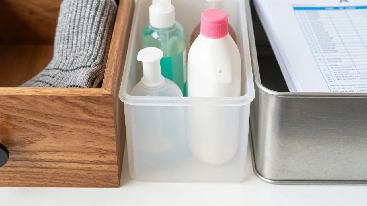 Srovnání materiálů úložných systémů: dřevo, plast a kov s různými předměty uvnitř.