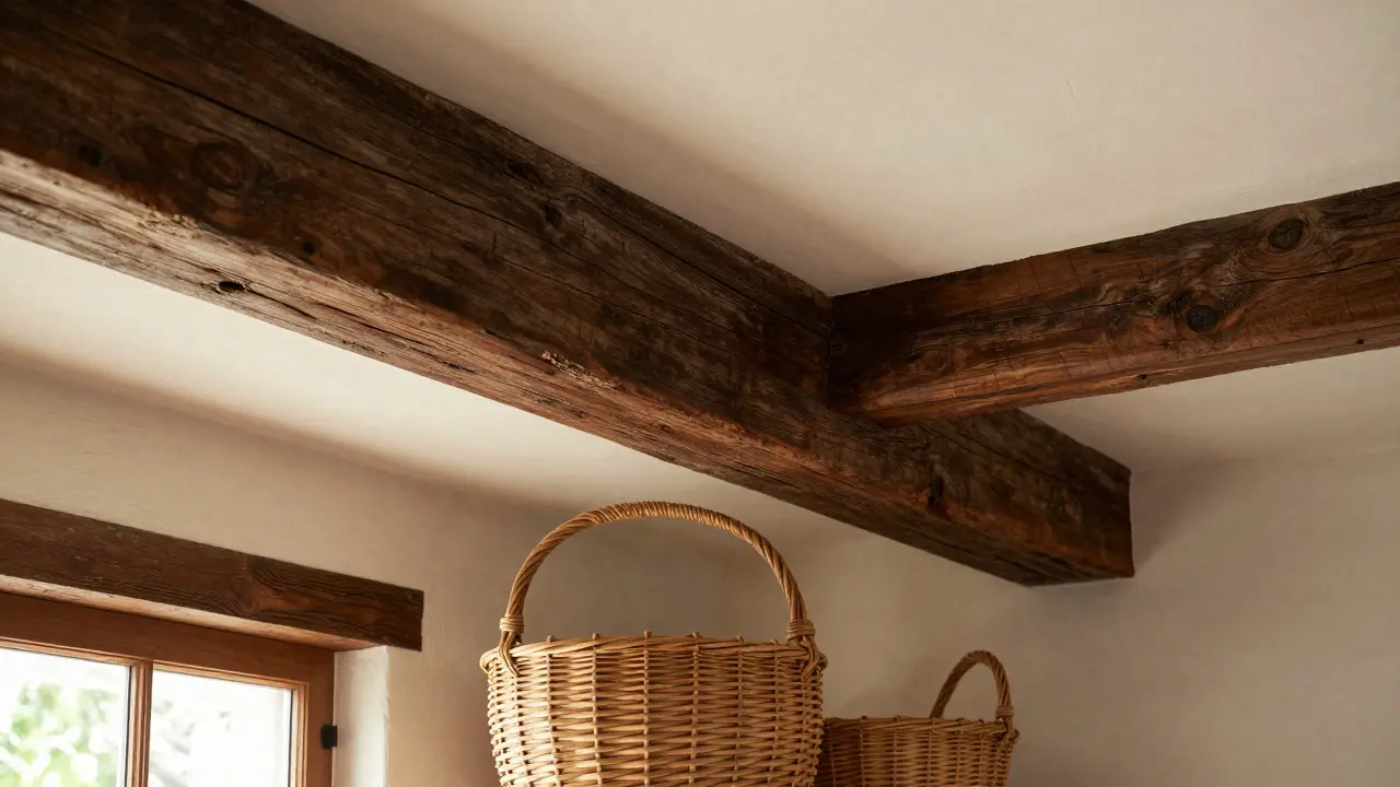 Detail dřevěných trámů a pletených košů v teplém světle