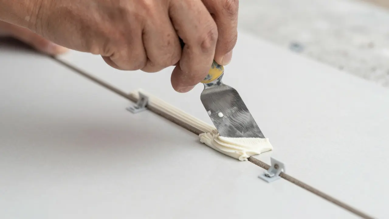 Detail instalace velkoformátových dlaždic s nivelačními klínky