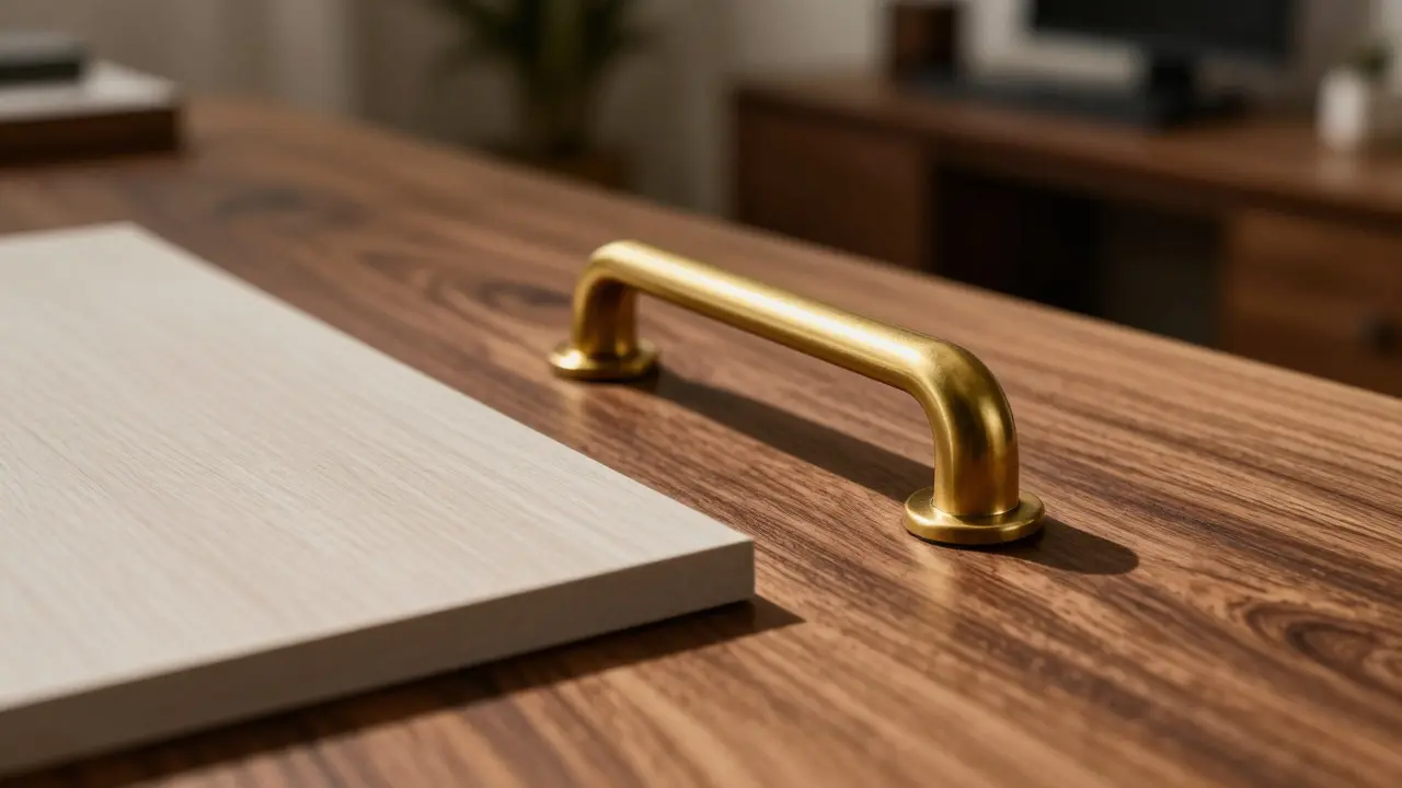 Detail kvalitních materiálů jako masivní dřevo a kovové kování pro trvanlivý nábytek