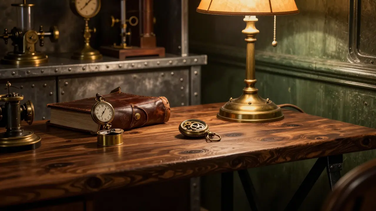 Detail steampunk psacího stolu z tmavého dřeva s mosaznou lampou a mechanickými doplňky
