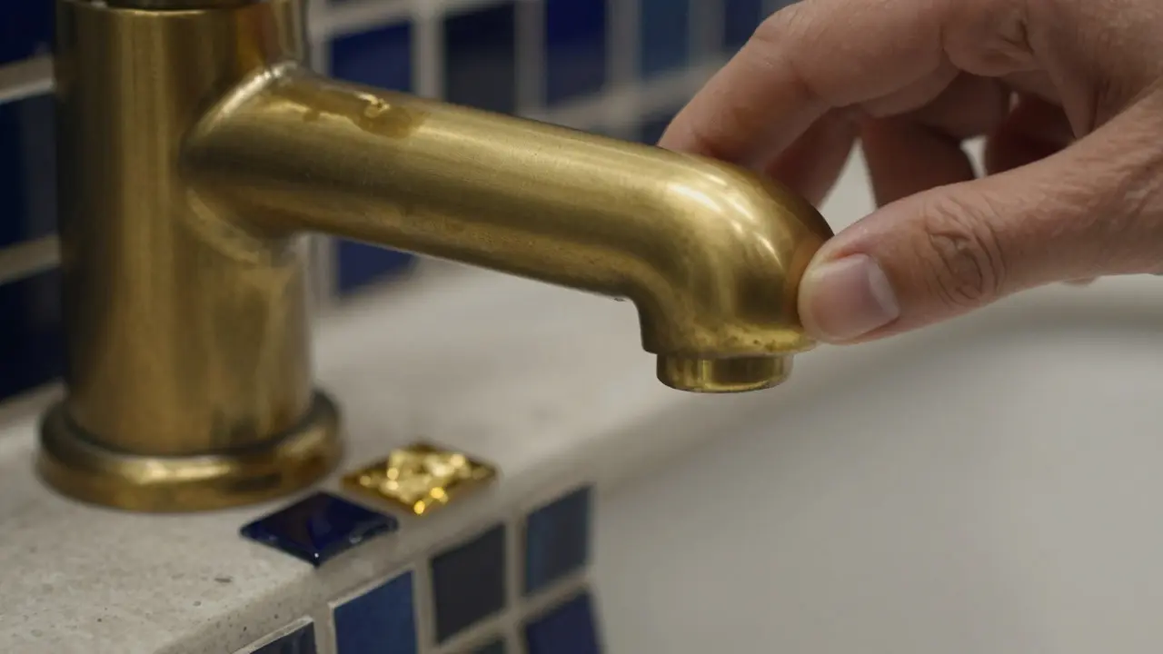 Detail těžké mosazné baterie a tmavé mozaikové dlaždice