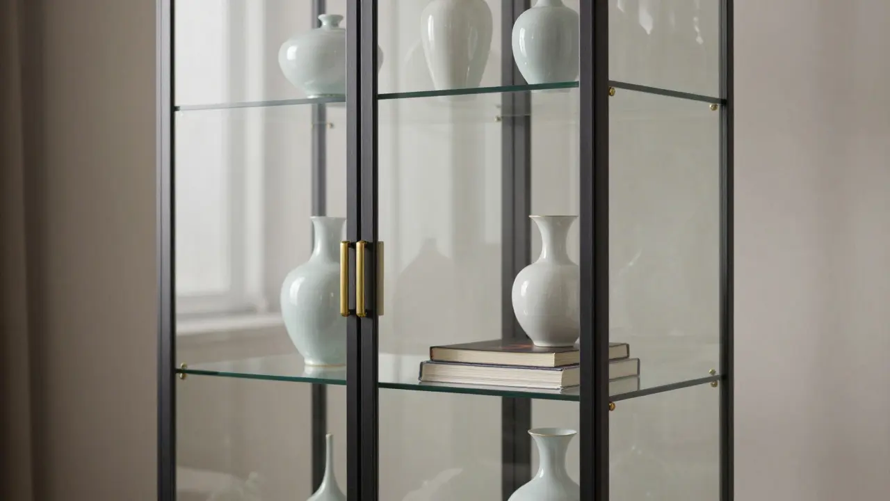 Elegantní skleněná vitrína s kovovým rámem vystavující porcelán bez vizuální tíhy
