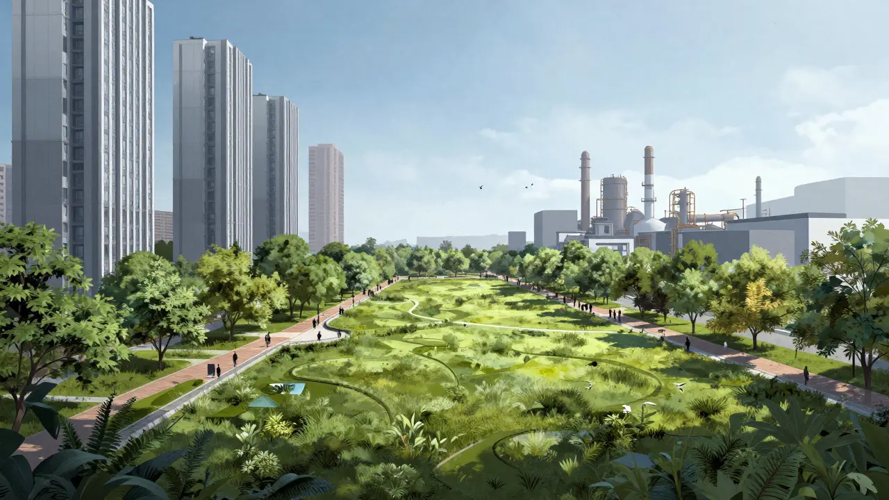Green park acting as a buffer zone between homes and an industrial facility