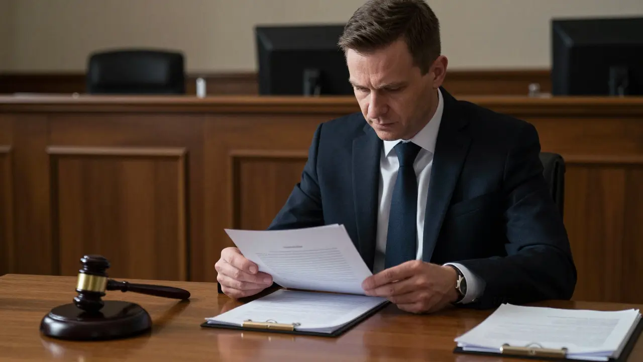 Insolvenční správce v soudní síni přezkoumává dokumenty pod dohledem soudu