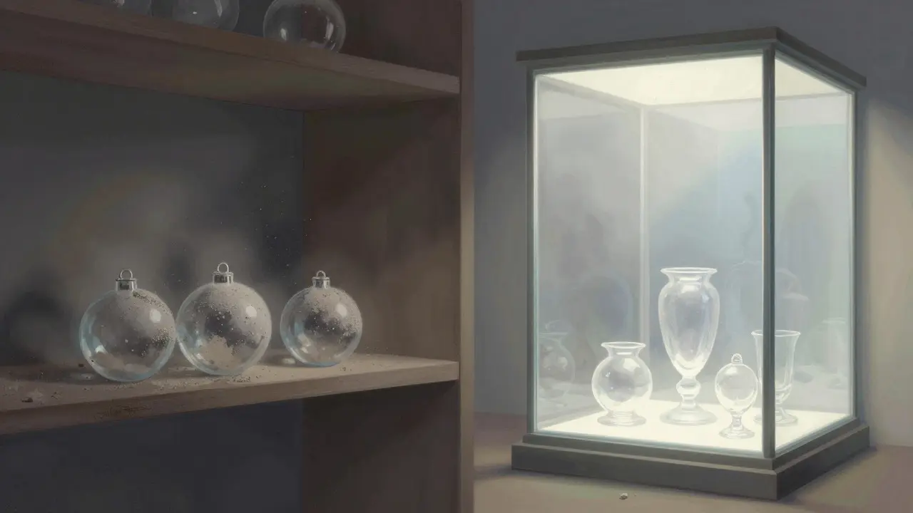 Konceptuální ilustrace kontrastu mezi prachem a chráněným sklem
