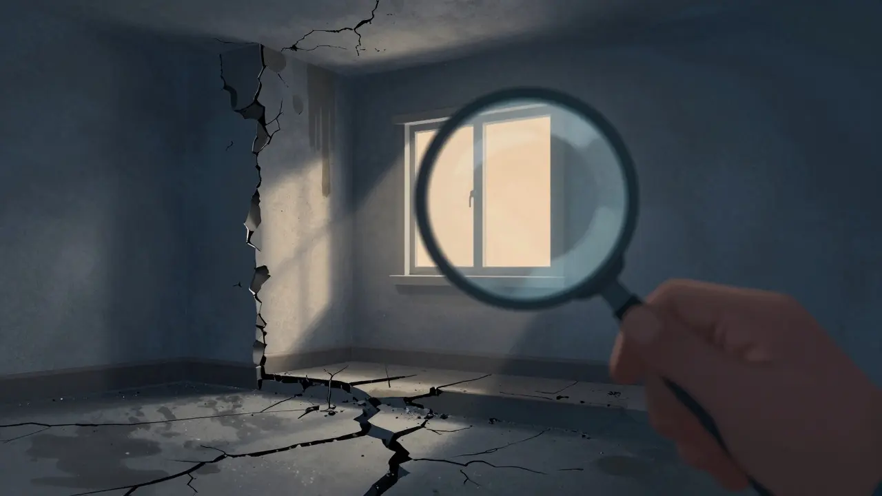 Magnifying glass revealing cracks and dampness inside a house wall