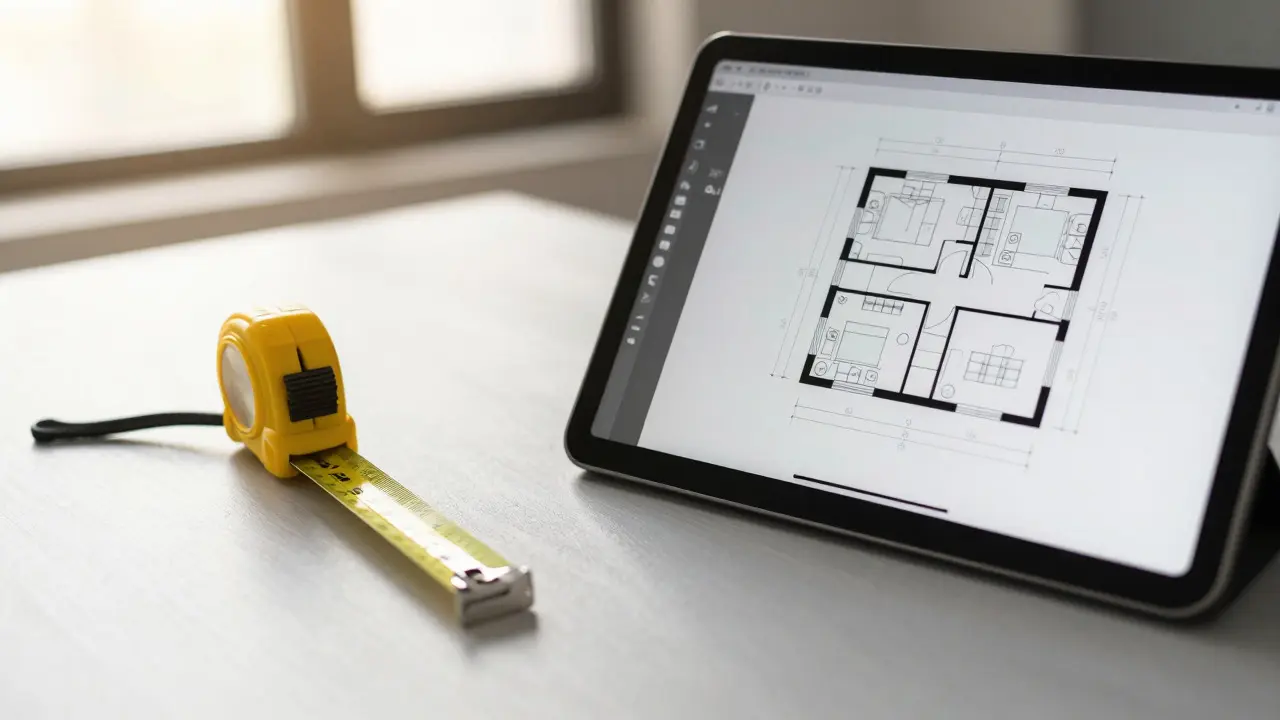 Tablet s přesným plánem vedle staré měřicí pásky