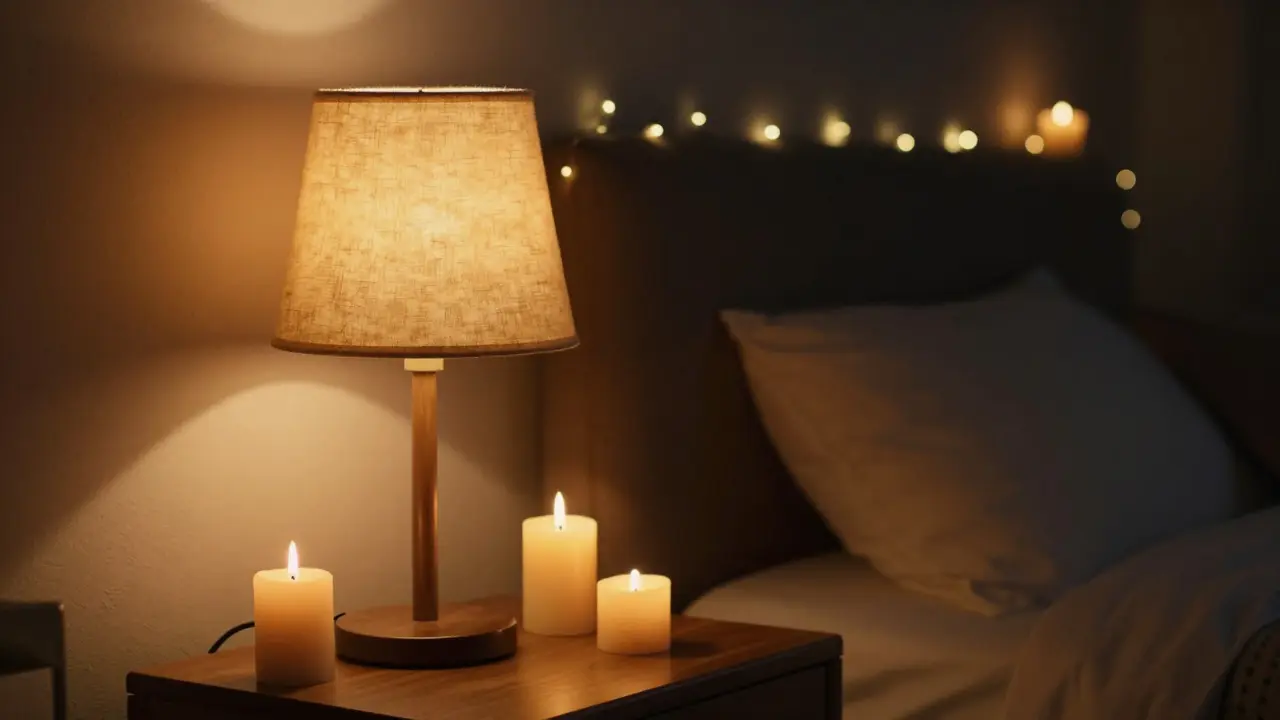 Teplé osvětlení svíček a lampa na nočním stolku navozují intimní atmosféru