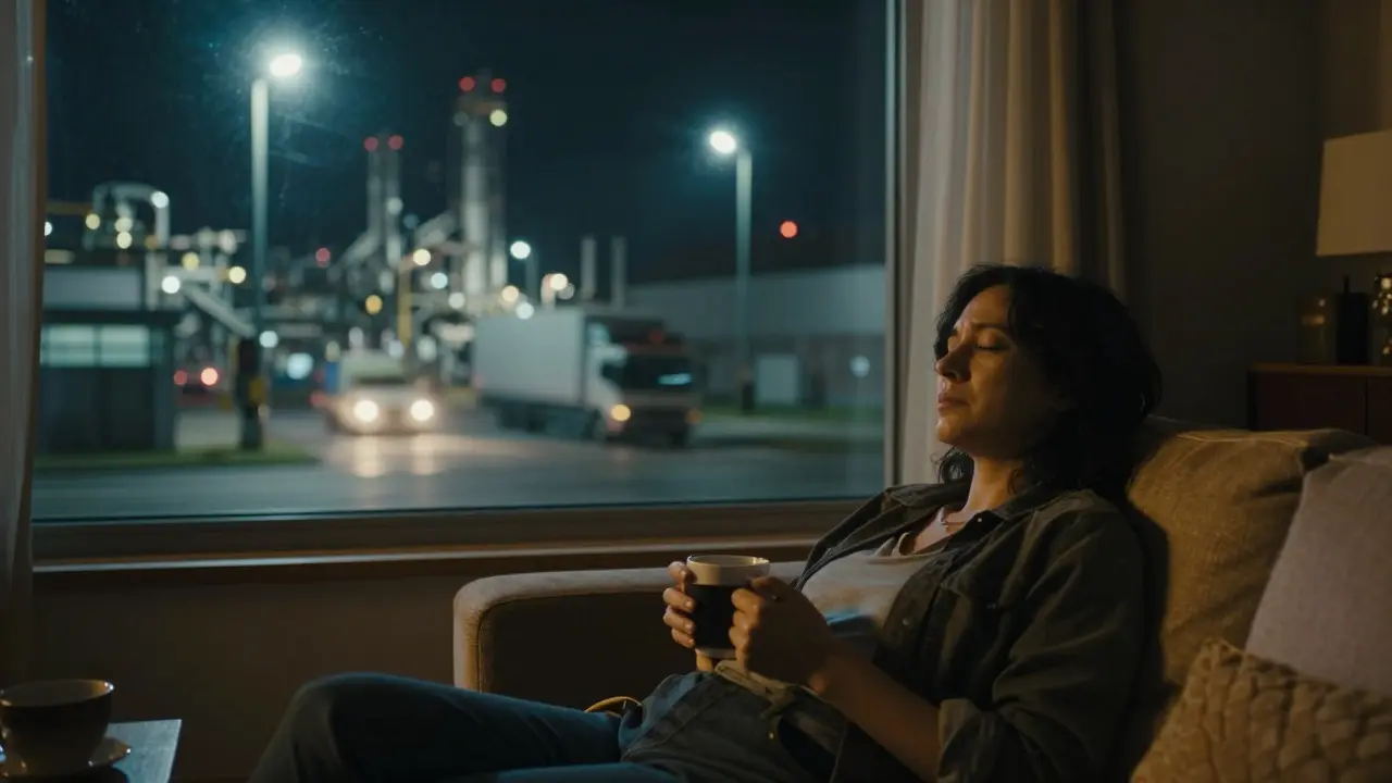 Tired person sitting in a living room at night with industrial lights outside