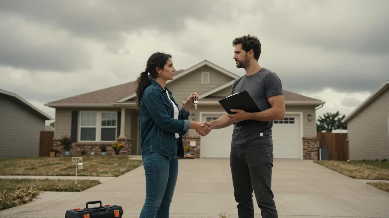 Two people shaking hands outside a house during a property sale