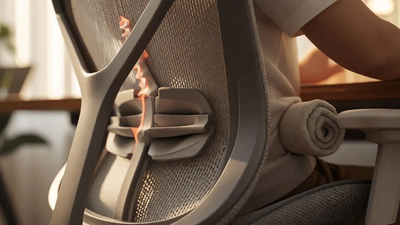 Detail bederní opěrky ergonomické židle kopírující přirozené zakřivení páteře