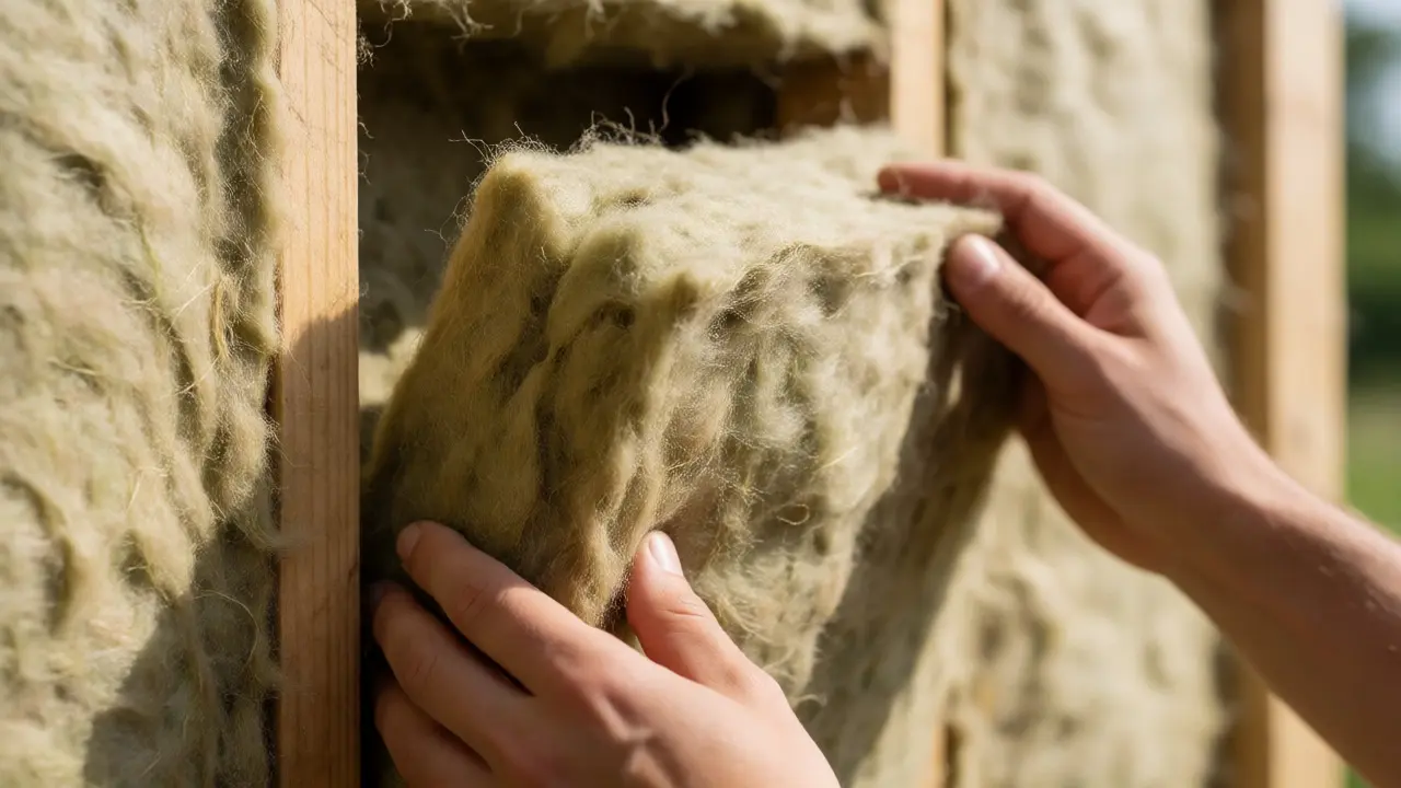 Detailní pohled na instalaci měkké konopné izolace do dřevěného rámu