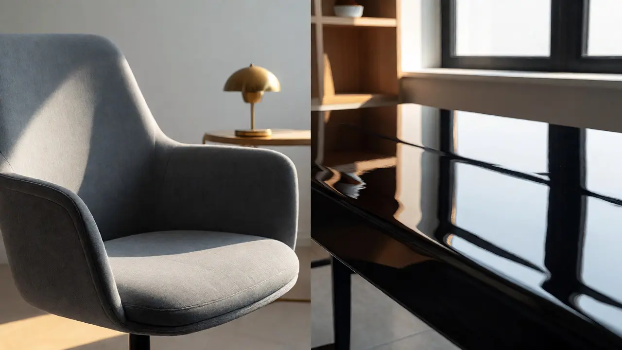 Detailní srovnání matné šedé látky a lesklého černého povrchu v denním světle