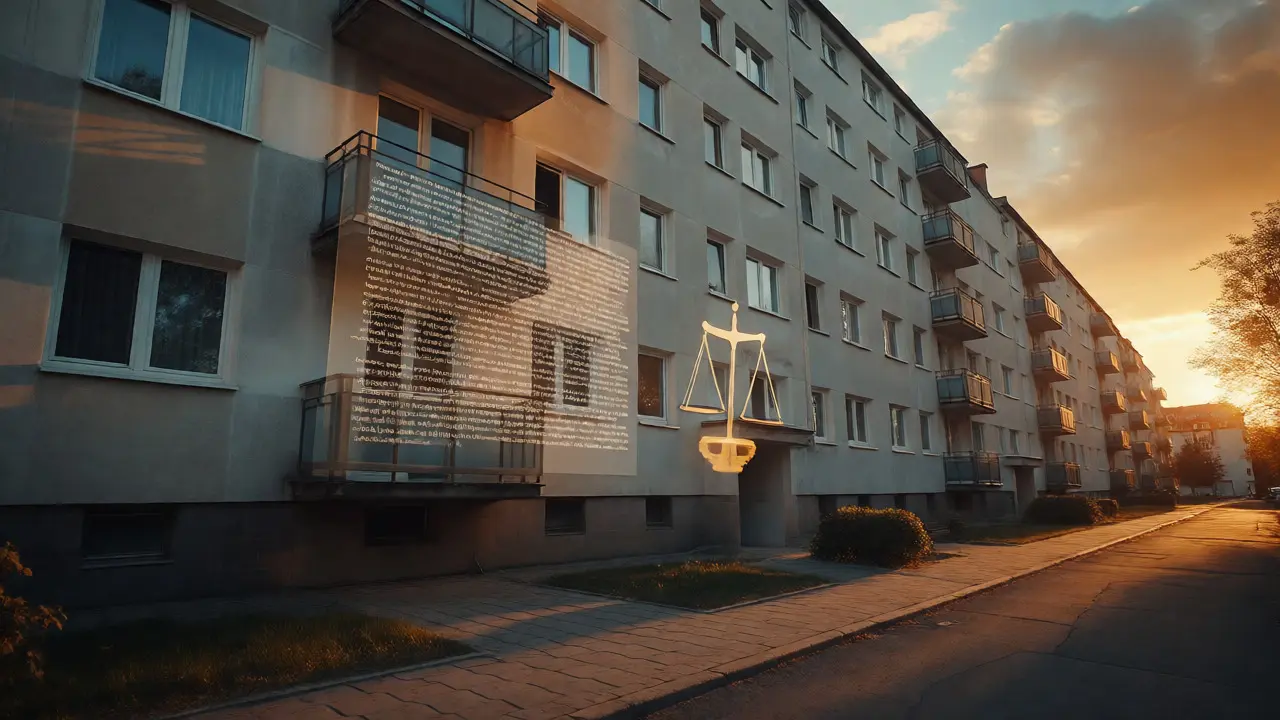 Exteriér českého bytového domu se symboly právních rizik ve vzduchu.