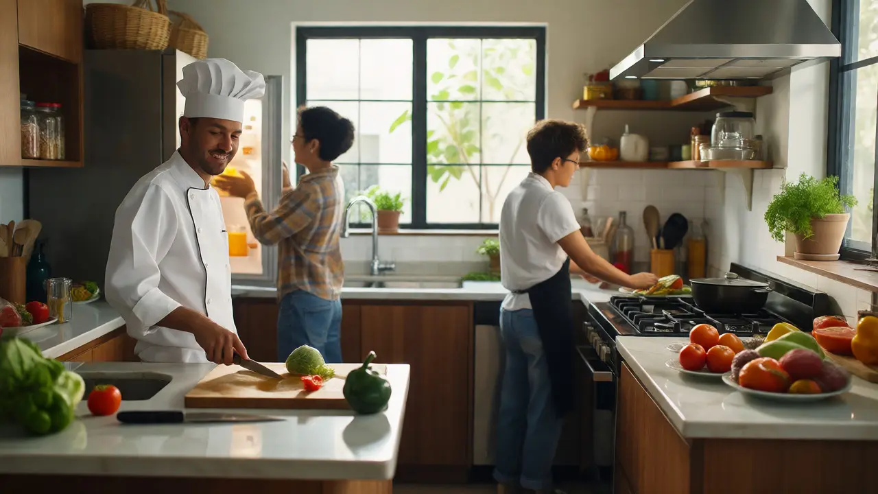 Family cooking in a well-organized kitchen with smooth movement between zones