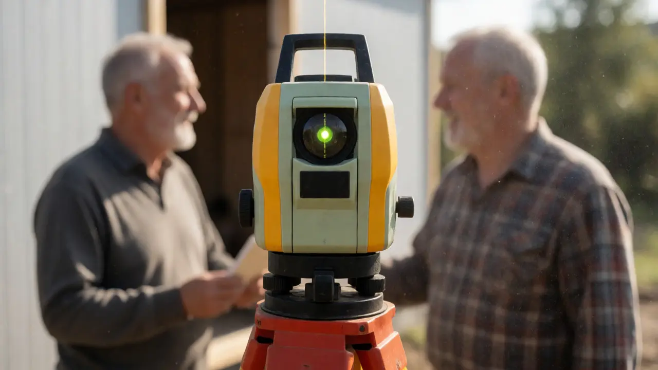 Geodetické měření vzdálenosti stavby od hranice pozemku pomocí laseru.