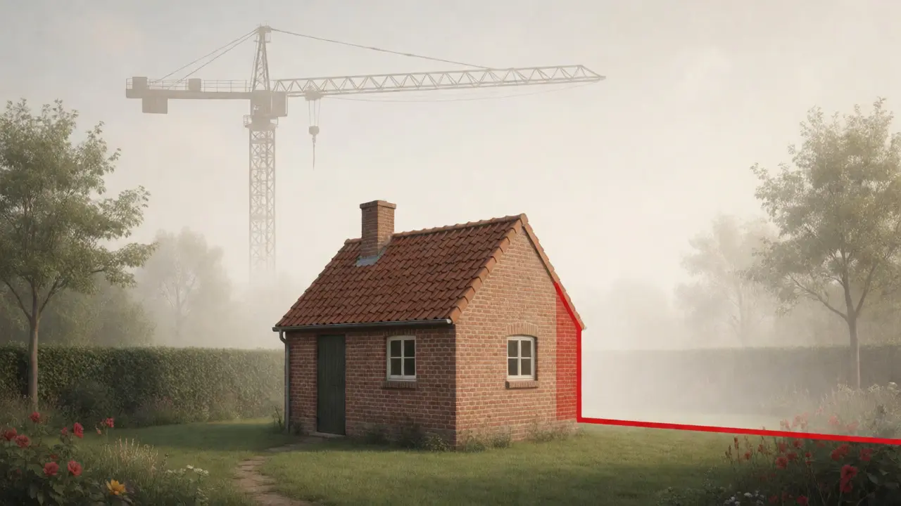 Ilustrace malého objektu překračujícího neviditelnou hranici stavebních limitů.