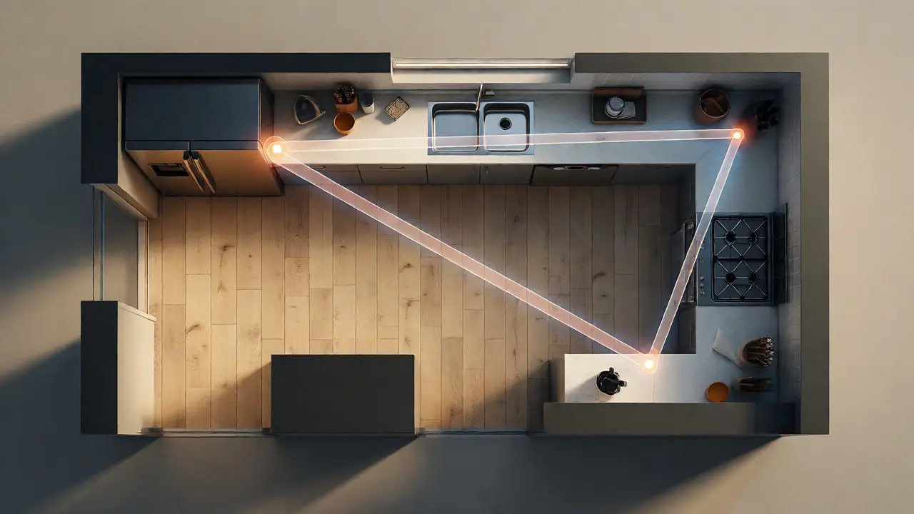 Isometric view of kitchen floor plan highlighting optimal work triangle distances