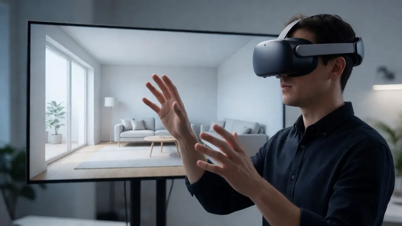 Klient používající VR brýle k prohlídce interiéru