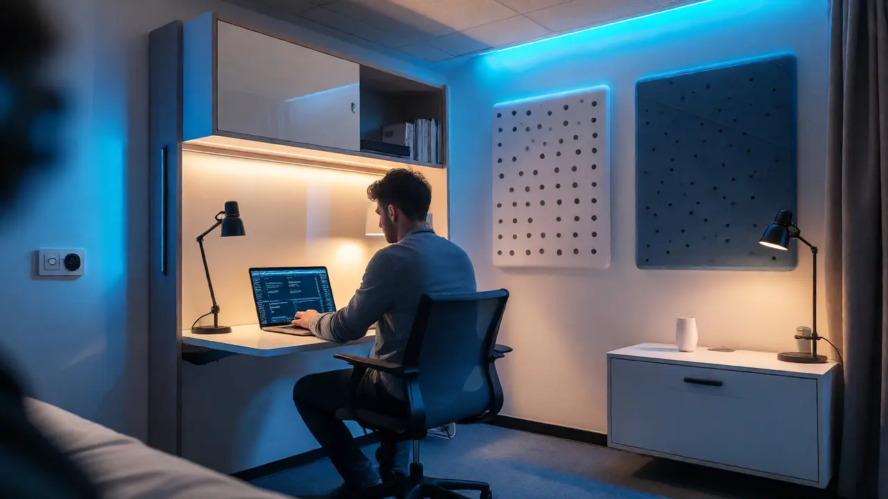 Kompaktní chytrý byt s pracovním koutem pro digitálního nomáda.