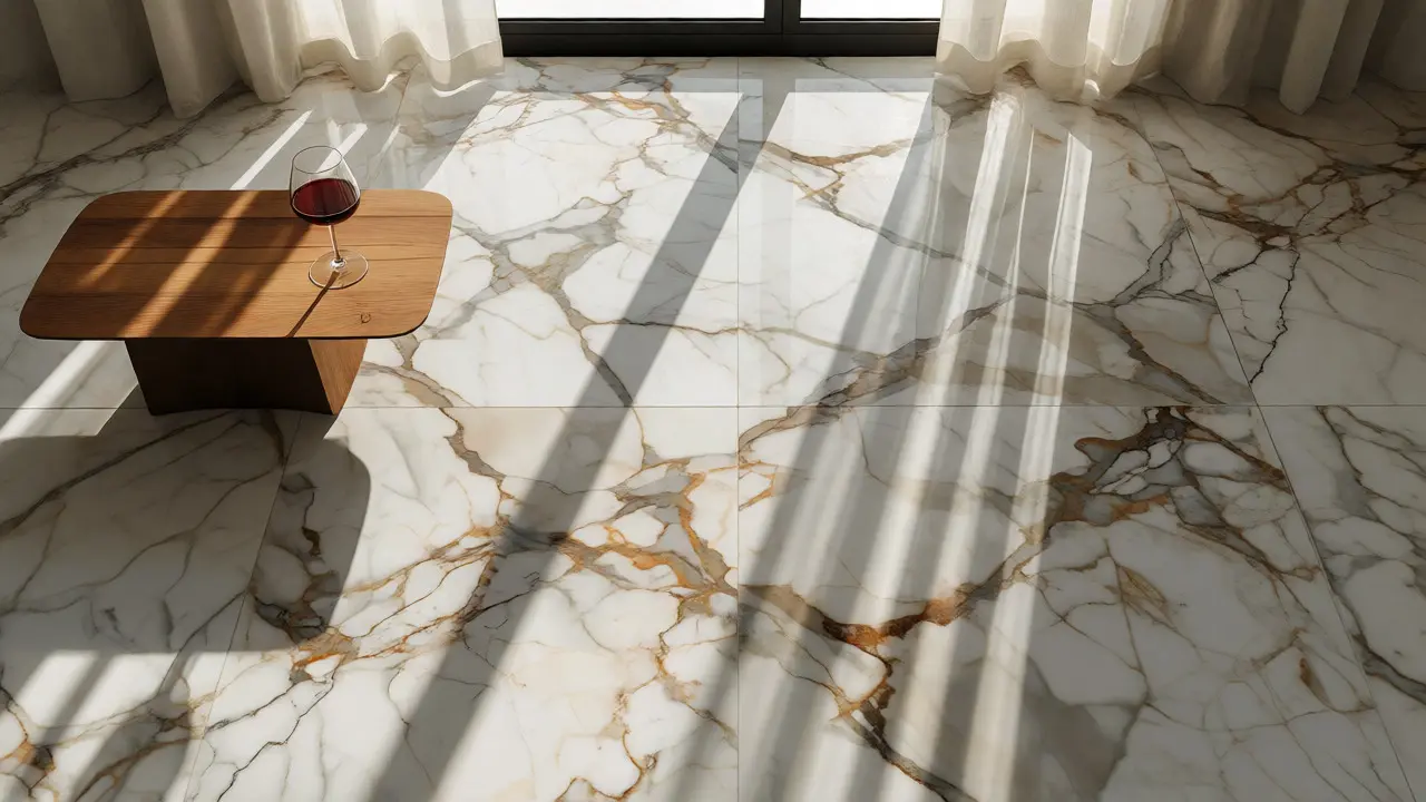 Modern living room with gold-veined marble floors and a glass of red wine on a table.