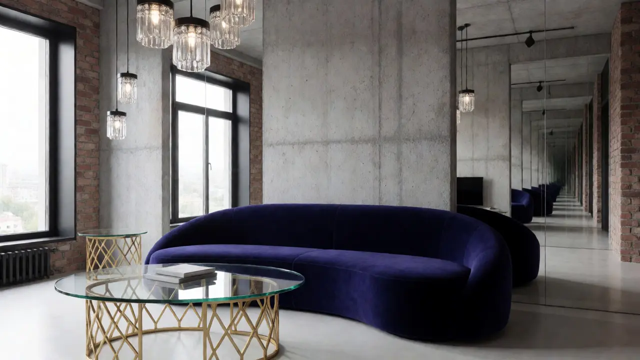 Moderní obývák kombinující průmyslové prvky s luxusním nábytkem ve stylu Art Deco