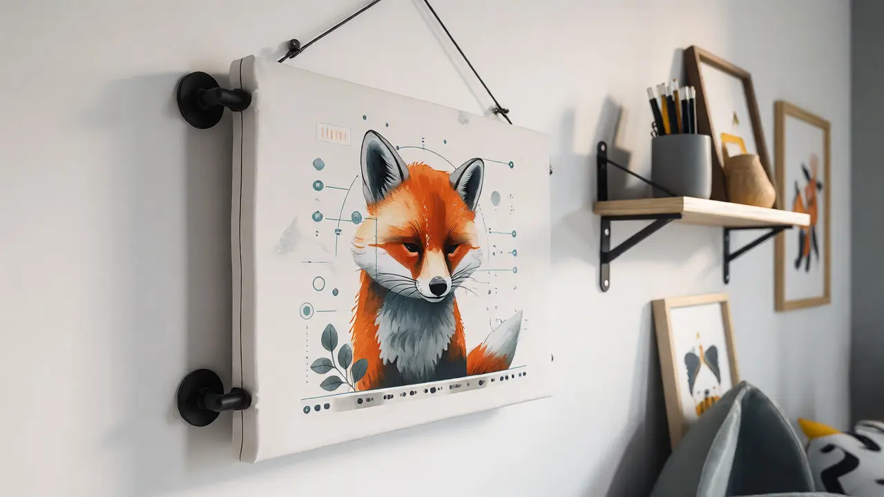 Moderní plátěný obraz s personalizovaným zvířecím motivem v dětském pokoji.