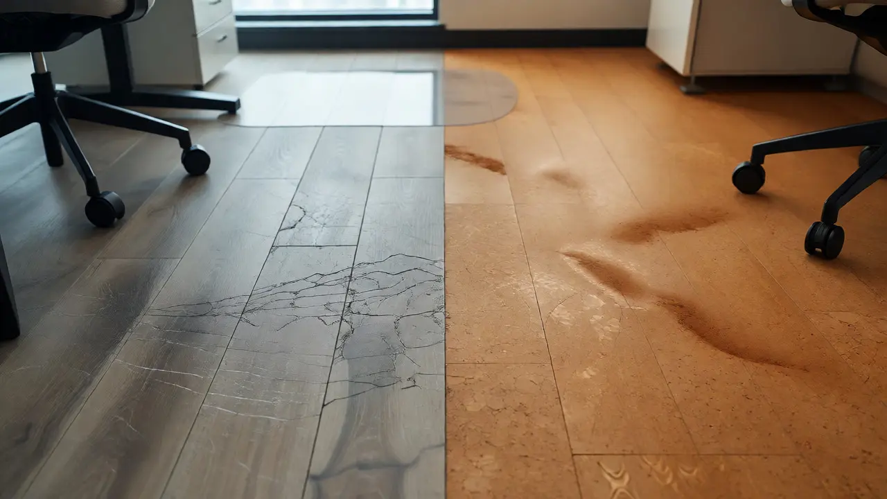Porovnání poškozeného laminátu a korkové podlahy v domácnosti